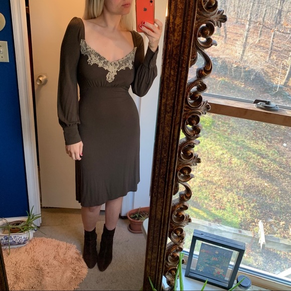 VALENTINO Brown Jersey Lace Dress 6 Balloon Sleeve - Picture 11 of 11